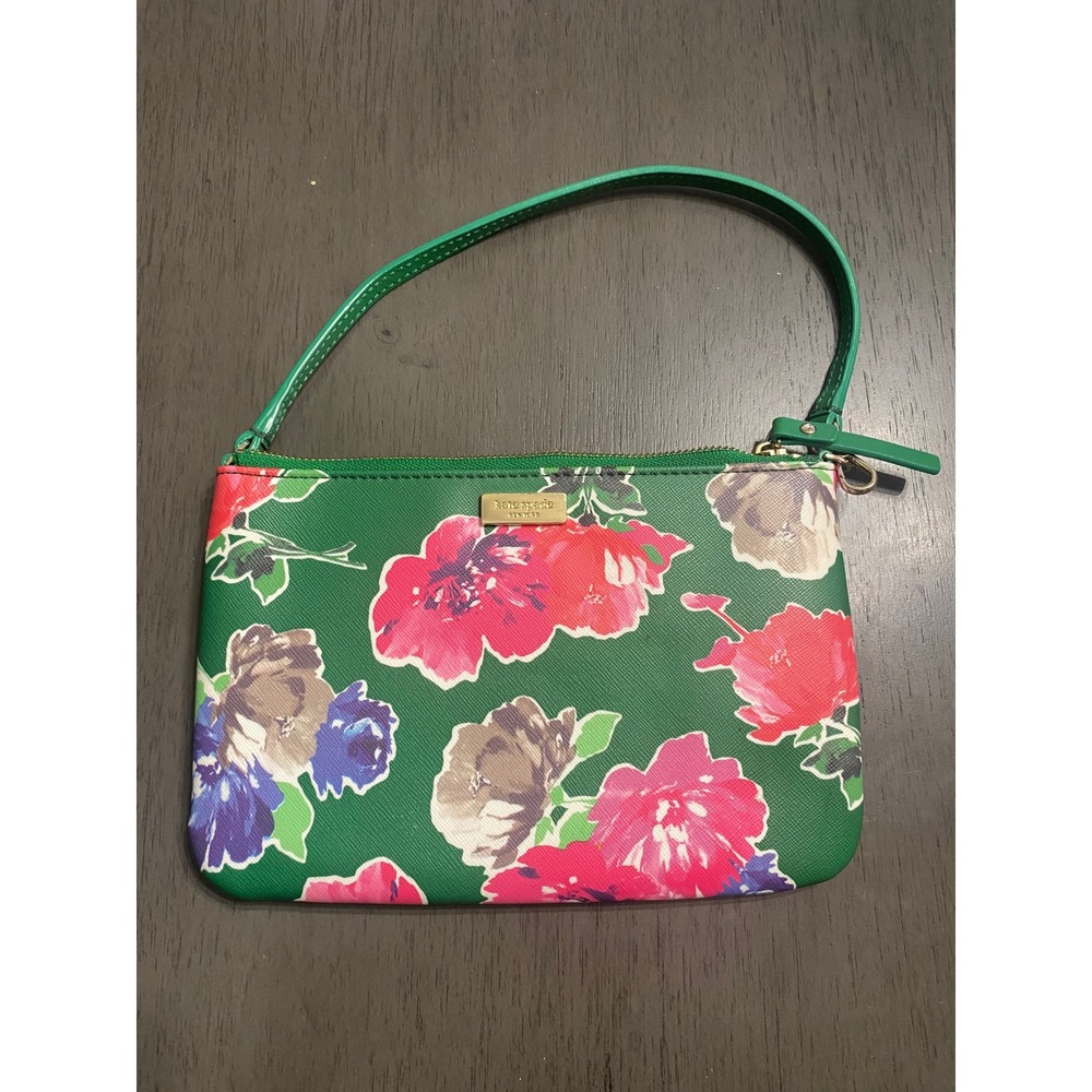 Kate Spade New York Green Floral Saffiano Leather Wristlet Pouch Gold Hardware